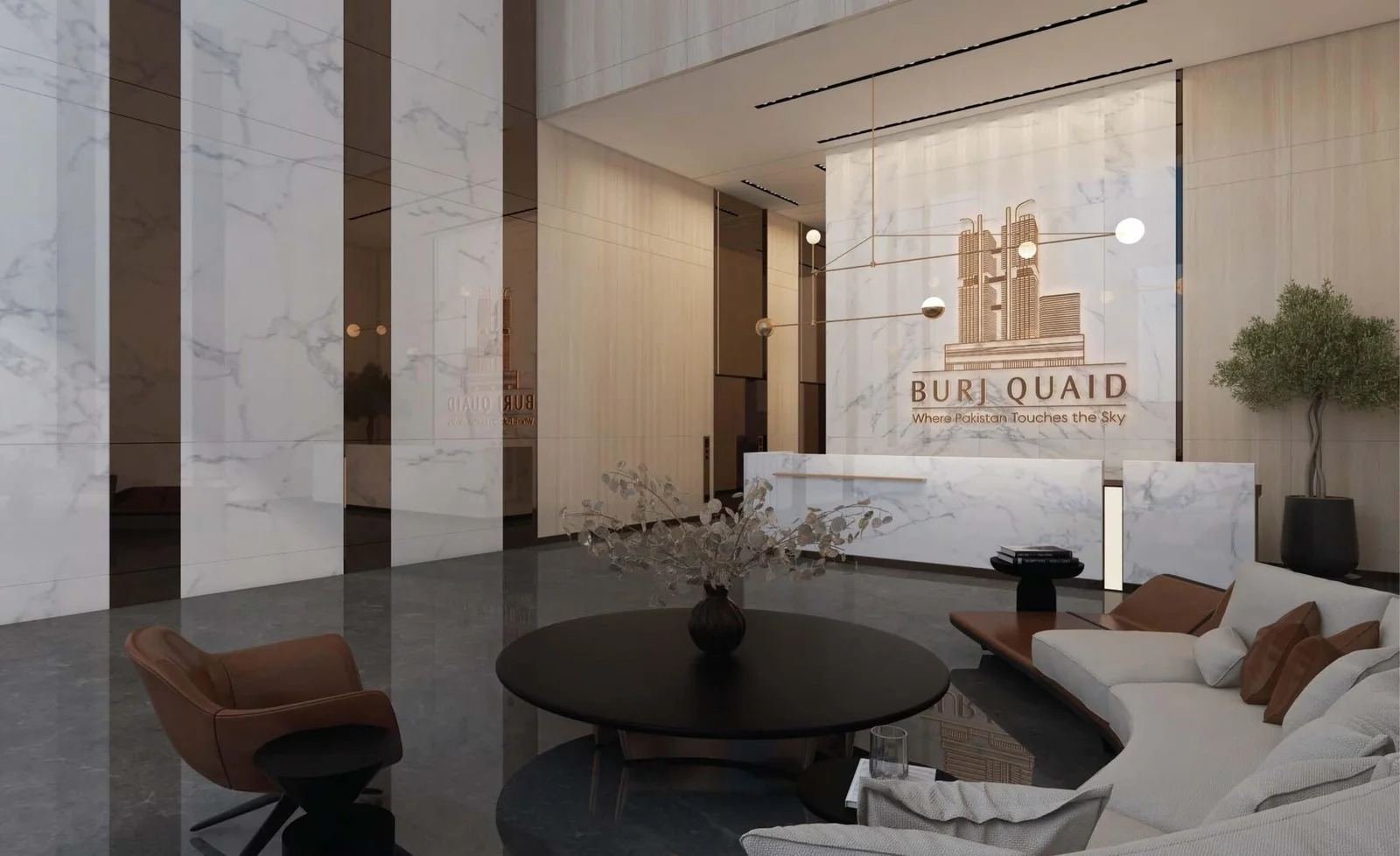 Burj Quaid double height marble lobby with reception desk and lounge seating