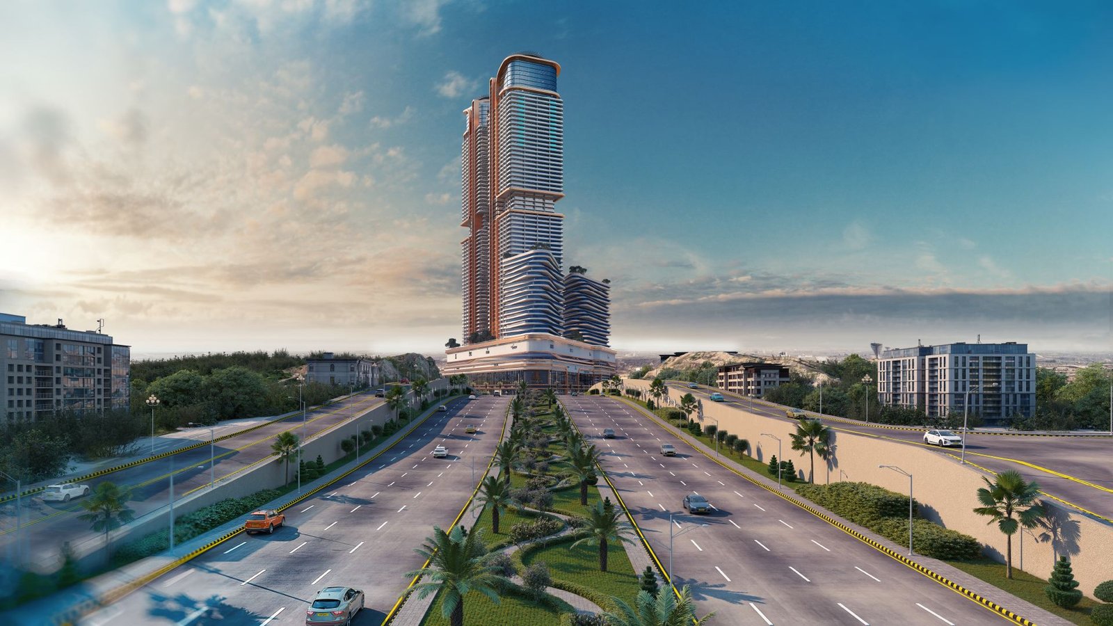 Burj Quaid tower rising above the sunlit boulevard leading into DHA City Karachi