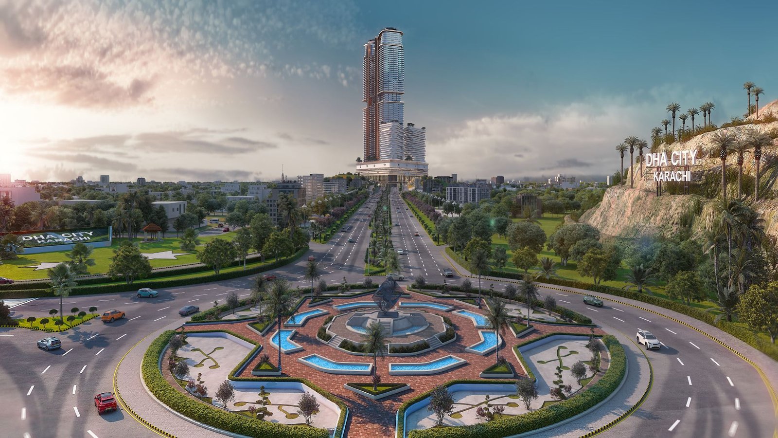 DHA City Karachi entrance roundabout and fountain plaza leading to Burj Quaid