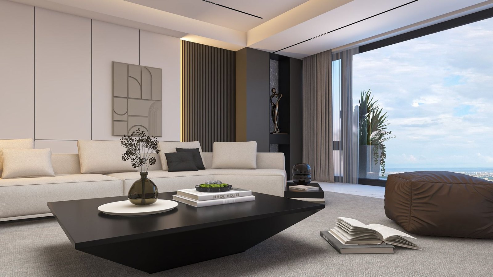 Burj Quaid residence living room with floor to ceiling windows overlooking the city